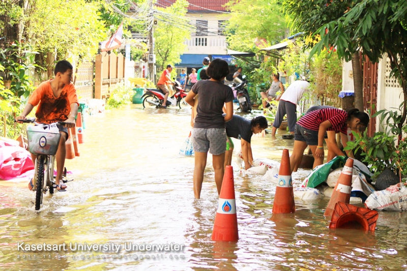 ชาวบ้านช่วยกันทำคันกันน้ำ